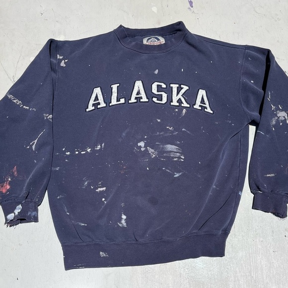 Men's Vintage Alaska Sweatshirt Blue Spell-Out S Street 90s THRASHED Grunge USA - Picture 1 of 13